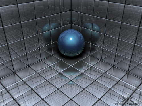 серый 3D куб с голубой сферой в углу