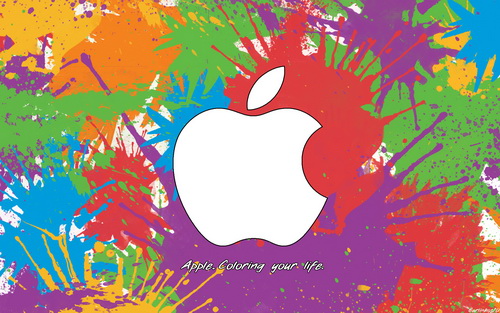 белое яблочко Apple на фоне разноцветных брызг